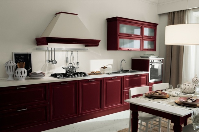 tmavo červený kuchynský pult stolík z bieleho mramoru Kuchynská linka biely mramorový pultový stôl baldachýnový riad