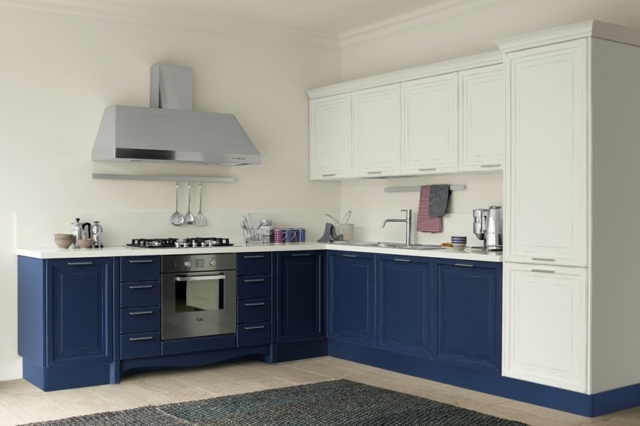 modrá kuchynská linka vstavané spotrebiče klasické fronty digestor Vstavané spotrebiče klasické predné diely odsávač pár kovov