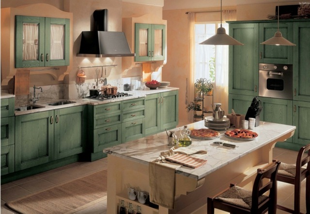 zelené kuchynské fronty kuchynský ostrovný odsávač pár vo vidieckom štýle Kuchynské fronty vidiecky ostrovček odsávač pár horná skrinka spodná skrinka