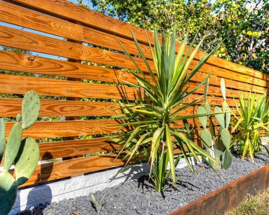 nápady na záhradný plot drevené lamely súkromie obrazovka kamienky pôda kaktusy suché rastliny