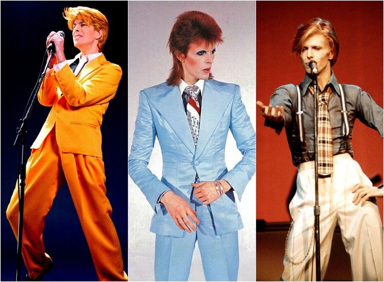 David Bowie nosí farebné obleky a farebné kravaty 70. roky-móda-párty-muži-david-bowie-anege
