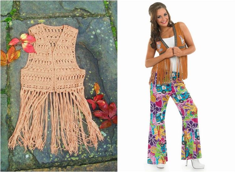 Hippie vesta so strapcami a farebnými rozšírenými nohavicami 70. roky-móda-párty-hippie-vesta s lemovanými nohavicami
