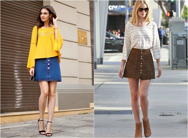 Mini sukňa na gombíky vpredu a široká blúzka 70. roky-móda-párty-originál-sukňa-gombíky-predné