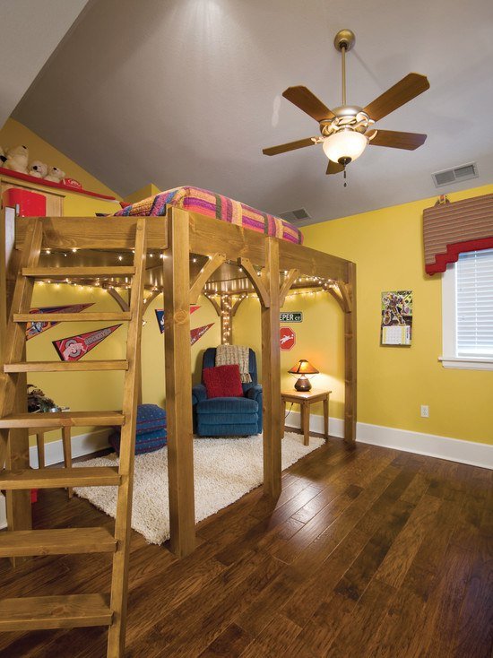 Poschodová posteľ pre detský kútik s nápadmi na osvetlenie kobercov