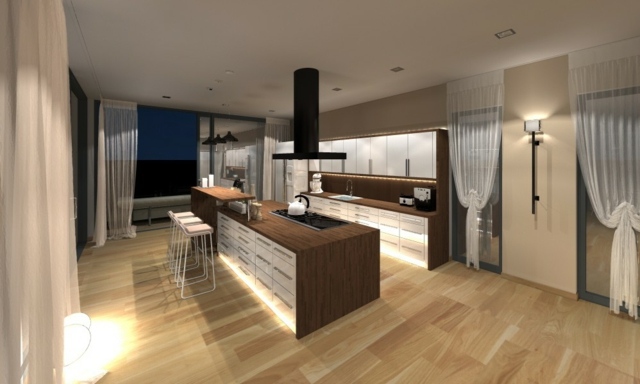 dlhé-organzové-záclony-drevená podlaha-kuchynské-skrinky-s-dreveným vzhľadom