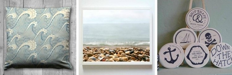 námorné-deko-nápady-vankúš-obal-obrázku-deko-tanier-kotva-morské kamene-vlny