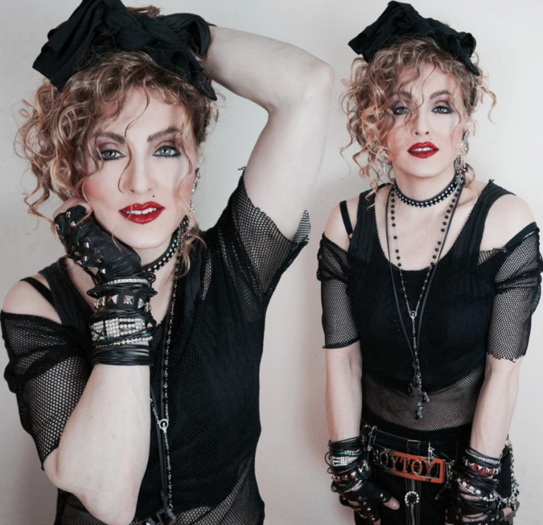 vyrobte si kostým madony sami pomocou čiernej sieťoviny a kožených rukavíc v štýle 80. rokov