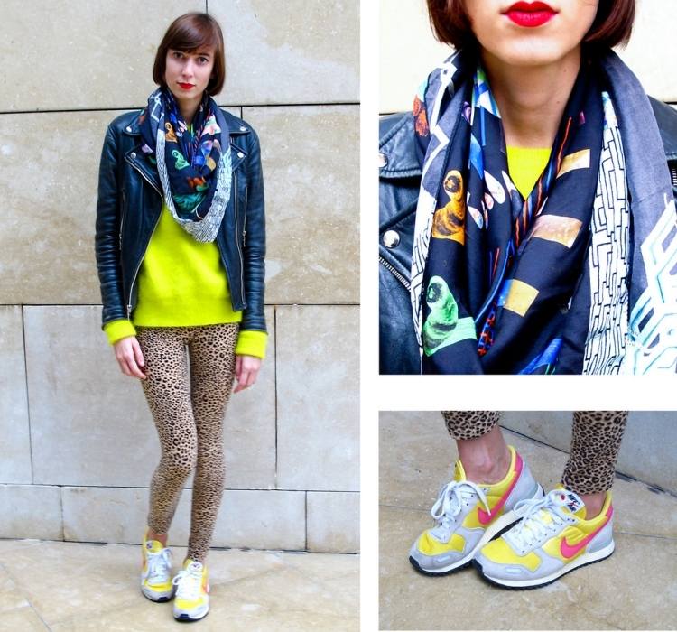 Móda 80. rokov -sneqkers-legíny-leoprint-šatka-kožená bunda