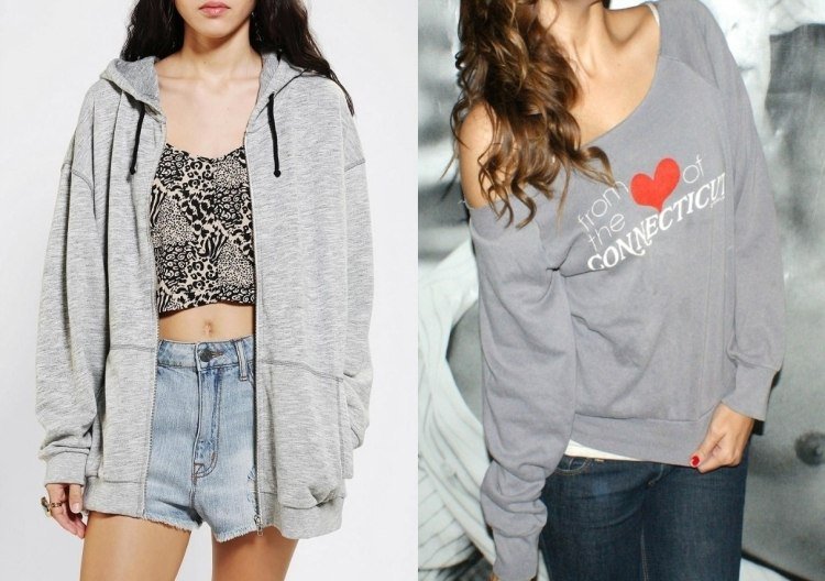 80-ročná móda-šedá-ležérna-oversized-mikina-džínsy-šortky