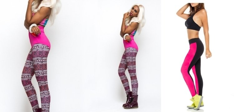 80. roky-móda-legíny-farebný vzor-neónová farba-gzmnastik-čierno-ružová
