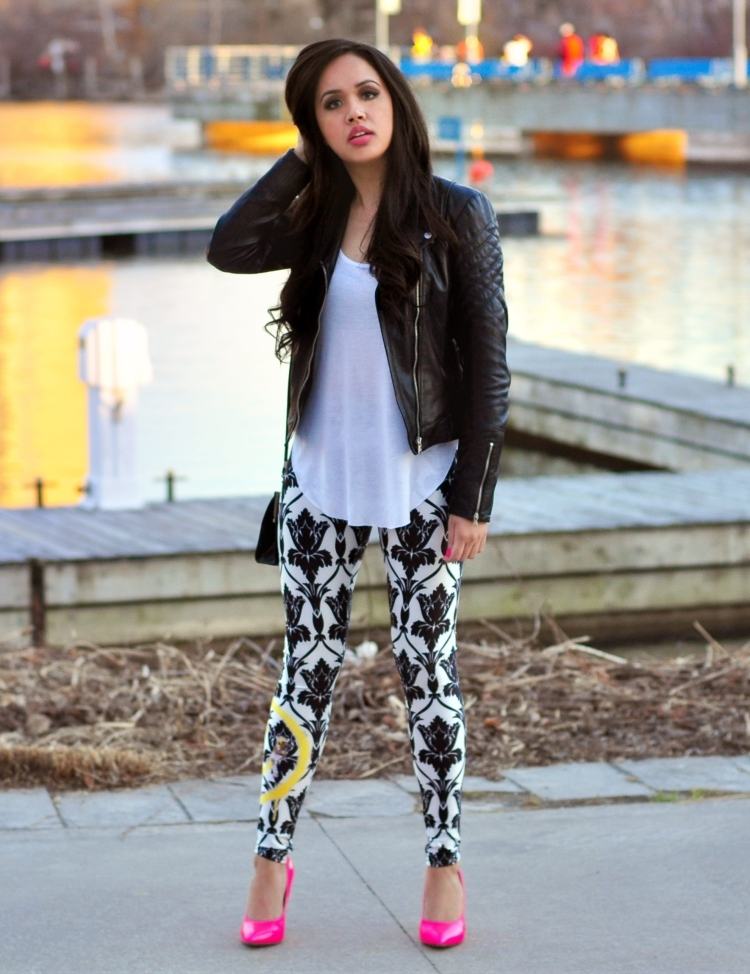 80. roky-móda-legíny-vzor-čierna-biela-neónová-farba-topánky-ružovo-kožená bunda