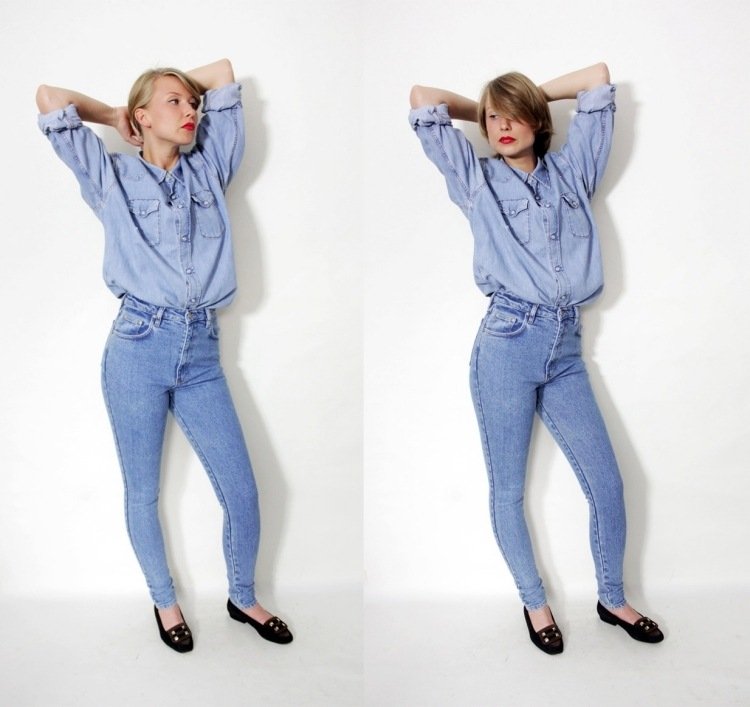 80. roky-móda-džínsy-skinny-denim-outfit-blúzka-byty-topánky