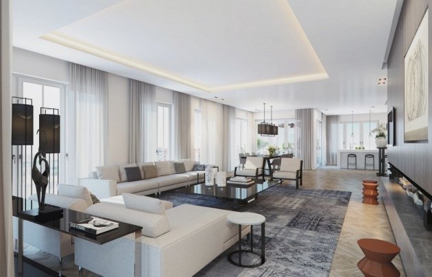 Penthouse-nástenné jednotky-bielo-sivý-koberec-patchwork-vzor-jemné-závesy-nápady