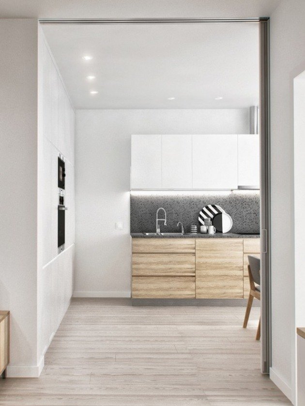 osadené-kuchynské fronty-vyrobené-z-dreva-dyha-biela-sivá-nástenné-maľovanie-osvetlenie