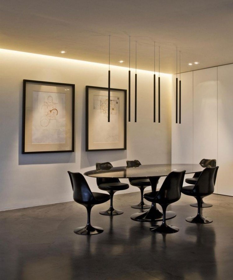 nepriame-LED-stropné osvetlenie-jedálenský kút-čierny-nábytok-závesné svetlá