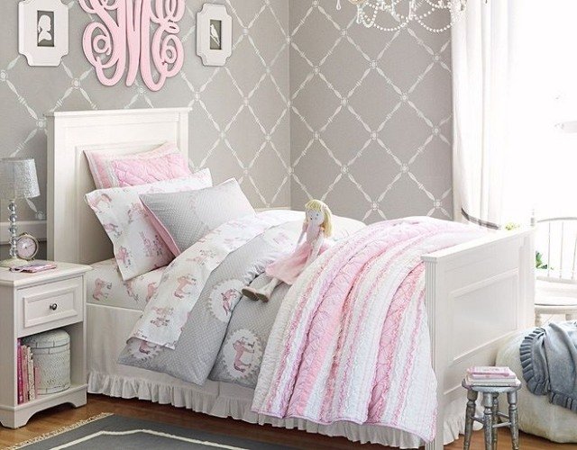Dievčenská izba-obývacia izba-nápady-stena-tapeta-sivá-drevená-posteľ-posteľ-box