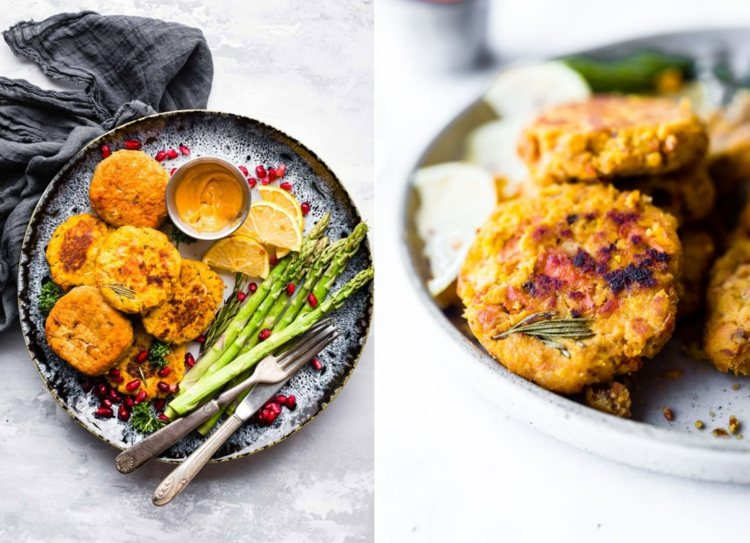 Sladké zemiakové placky s lososom a dusenou zeleninou, ako je špargľa