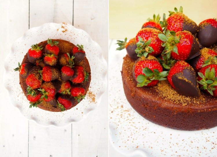 Lahodný koláč s ryžovým sirupom a mandľovou múkou, ozdobený ovocím v čokoláde