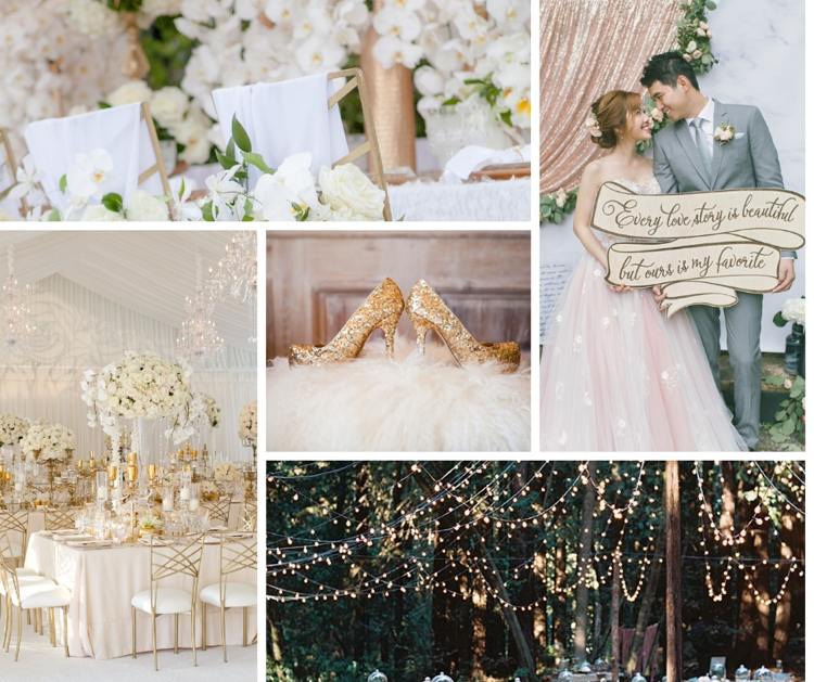 Témy pre nápady na svadobné dekorácie zlaté trblietky