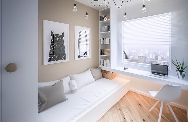 Detská izba malá 9 m2 béžová biela šatníková nástenná maľba