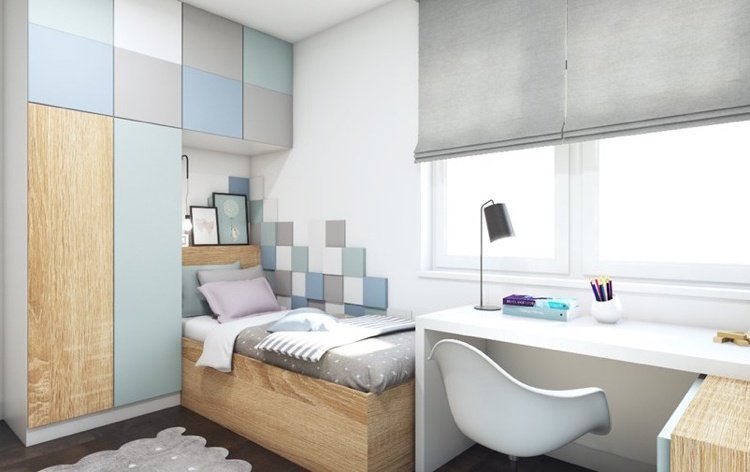 malá detská izba jednolôžko pastelové farby písací stôl skladaná roleta