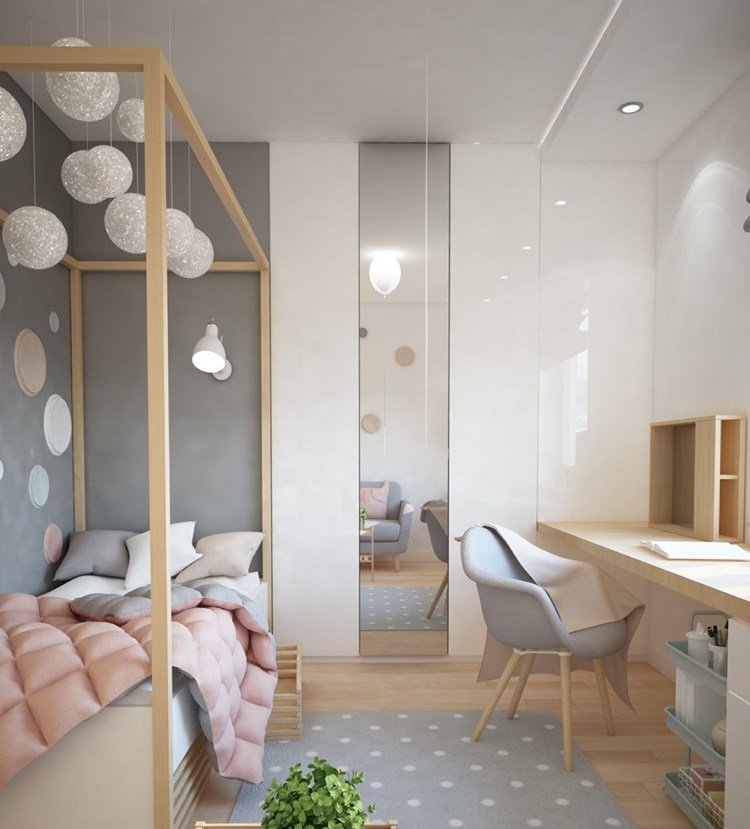 Detská izba s rozlohou 9 m² a sivou ružovou posteľou zo svetlého dreva
