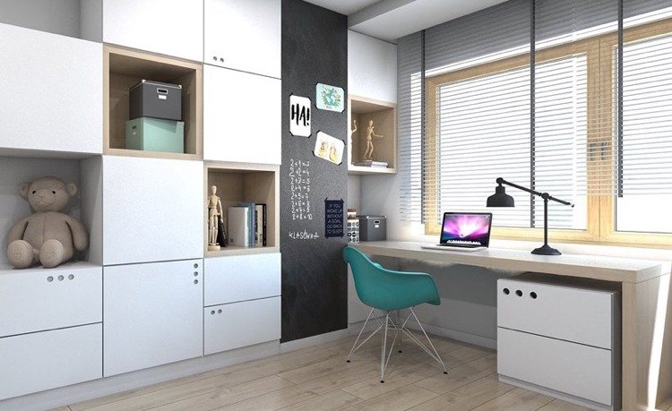 Nábytok do detskej izby pre chlapcov Policový systém s otvorenými a zatvorenými priehradkami