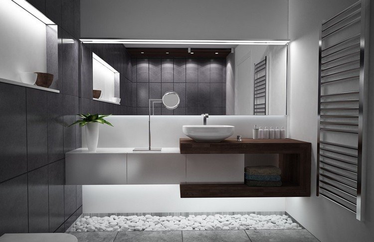 nápady na kúpeľňu-čierno-biele-drevo-márnosť-led-osvetlenie-biely-dekoratívny štrk