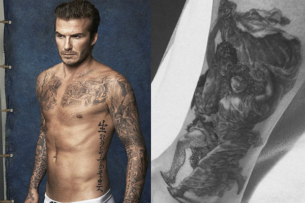 2016 - нова татуировка на Дейвид Бекъм на левия крак с бягаща двойка - снимка