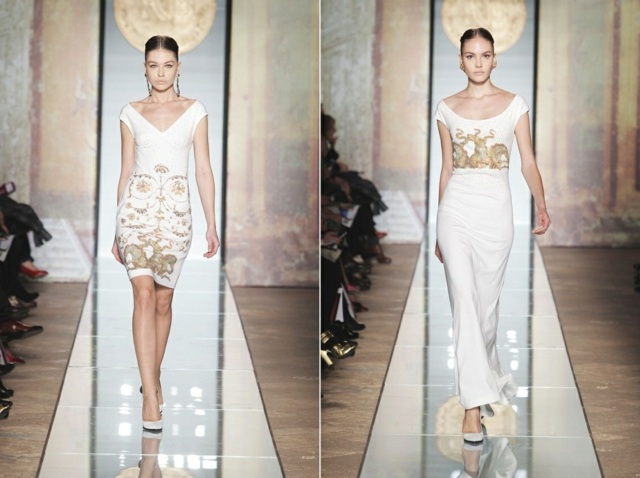 biele večerné šaty módne návrhár zlatých detailov Módne zlaté detaily návrhárske oblečenie