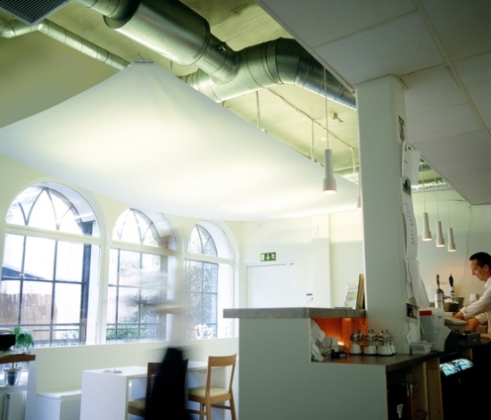 Zavesená strecha vyrobená z textilnej kuchynskej steny