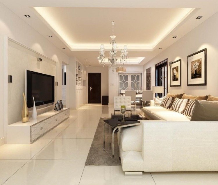 Navrhnite elegantnú obývaciu izbu v bielej farbe a nainštalujte si zavesený strop Závesný strop-dekorácia-nepriame-osvetlenie-obývačka-biela-svetlá-moderná