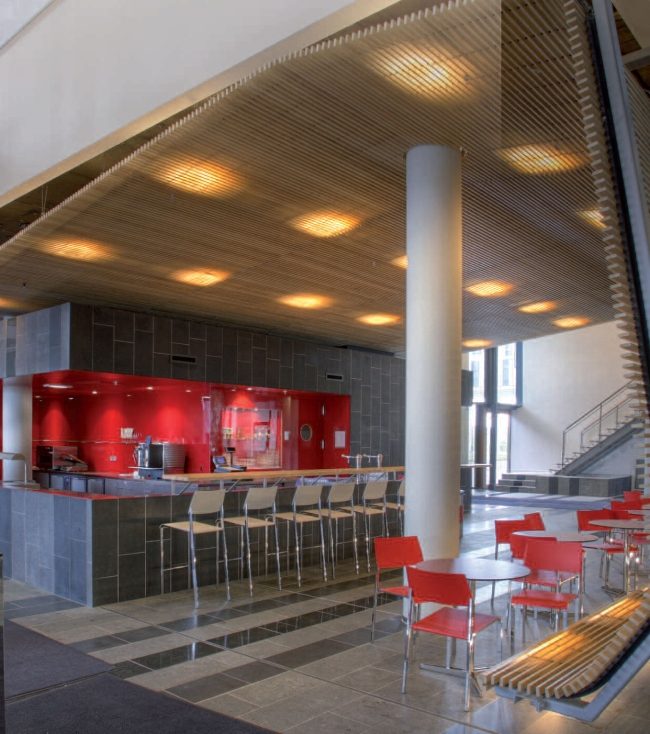 stropné panely drevené osvetlenie kaviareň interiérový dizajn