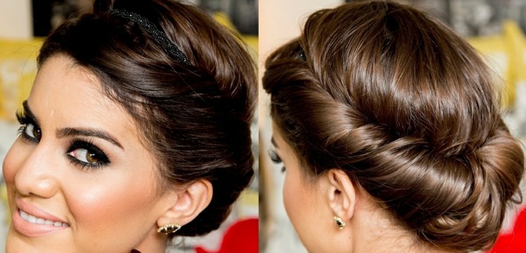 Účes s gumičkou do vlasov v gréckom štýle hairstyling grécky veniec elegantná čelenka čierna doplnok abiball