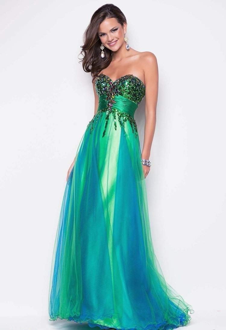 nápad plesové šaty modré zelené kamene farebné prsia