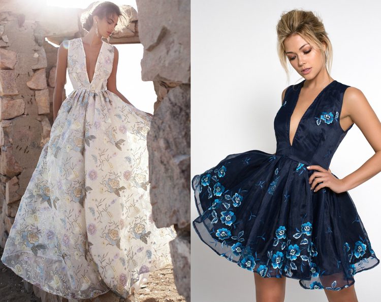 Sú lepšie krátke alebo dlhé plesové šaty? Plesové šaty -dlhé-krátke-vzory-kvety-krémové-v-výstrihu-hlboké