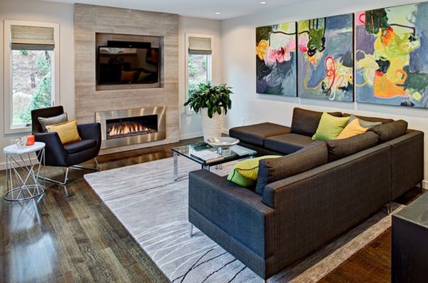 obývacia stena prírodný kameň-dekoračné obrazy-žlté motívy-abstraktné umenie