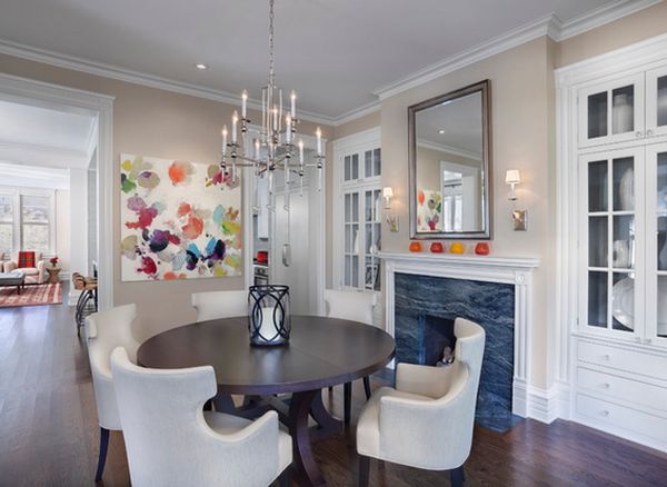 Dekorácia jedálne-nápady, nástenná maľba-vstavaný krb Nápady na zdobenie jedálne-krištáľový luster nástenná maľba-abstraktný krb