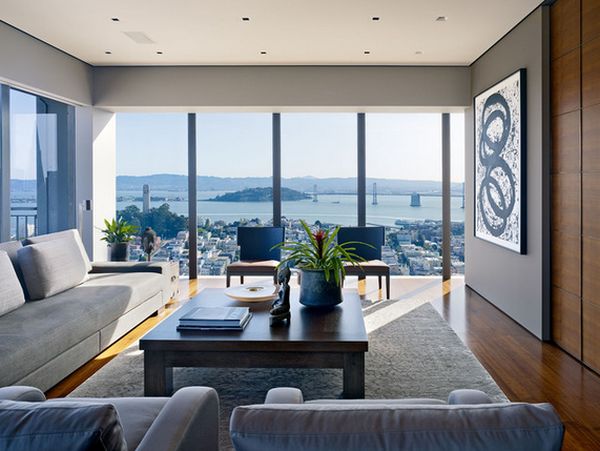 Zasklenie obývačky od podlahy až k stropu Drevené obklady Abstraktná dekoratívna maľba Presklenie obývačky vysoká drevená stena panoramatické okno abstraktná dekoratívna maľba