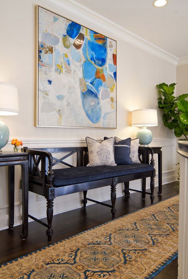 Gauč pre nábytok do chodby, čierno lakovaná nástenná maľba, veľká modrá škvrna Lavica nábytku do chodby, čierny lak, veľká modrá škvrna