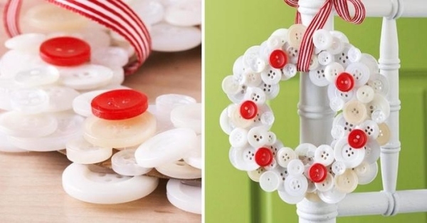 Bielo-červená veniec stuha priadza gombíky nápady dekorácie-vianočné ozdoby