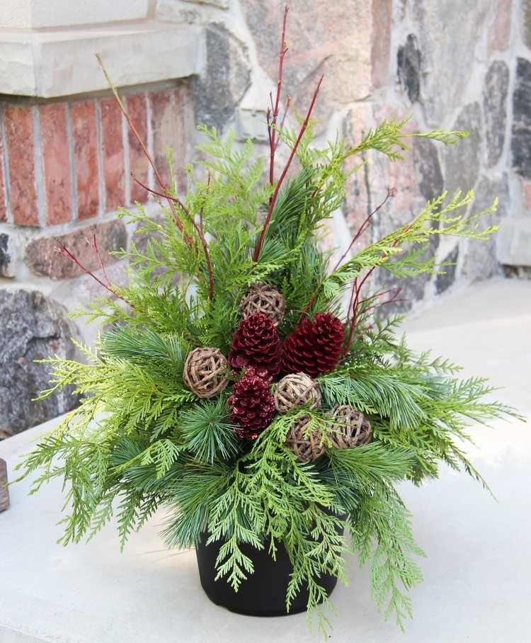 šišky pomaľované červenou farbou medzi zelené konáre Vyrobte si adventné dekorácie sami črepníkové aranžovanie-červeno-lakované-šišky