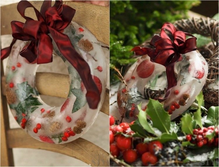 Vonkajší veniec vyrobený z ľadu - bobúľ a listov zmrazených vo vode Adventná dekorácia-urob si sám-vonku-veniec-ľadové bobule-vetvičky-vnútri-mrazené