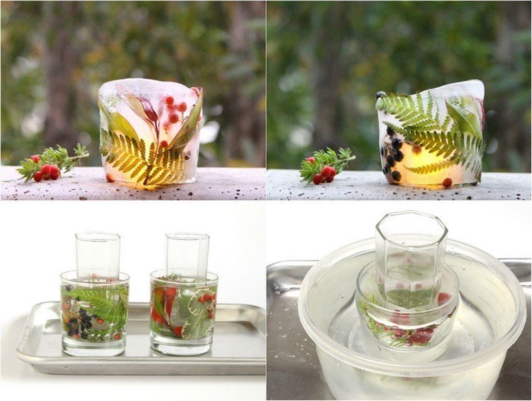 List papradia, bobule a jedľové konáre adventná dekorácia-urob si sám-ľad-držiak na čajovú sviečku-bobuľky rastlín