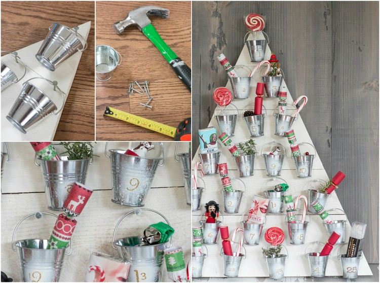 Vložte malé darčeky do malých vedierok Drevený adventný kalendár drotár-vianočný stromček-mini-vedierko-sladkosti