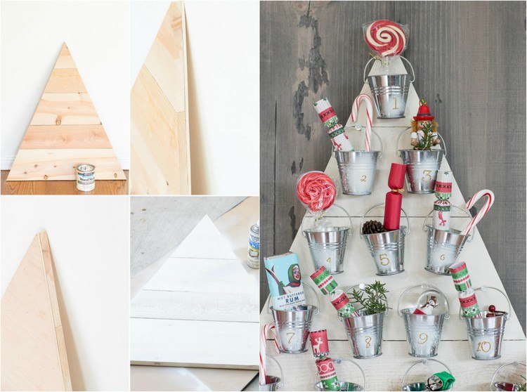 Zostavte drevený trojuholník s klincami a kladivom adventný kalendár-drotár-vianočný-strom-rám-klince-vedro