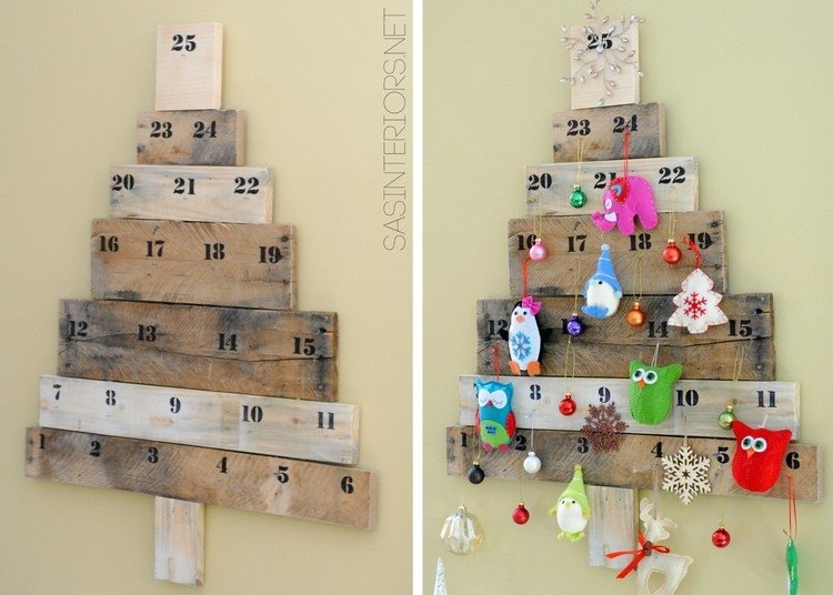 Drevený vianočný stromček zavesený na stene adventný kalendár-drevo-drotár-jedľa-strom-dosky-číslice-plyšové zvieratká