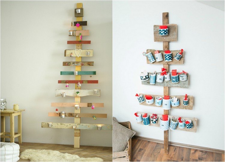 Plechovky pekne zabaľte a pripevnite na strom adventný kalendár-drevo-drotár-jedľa-dosky-staré drevo