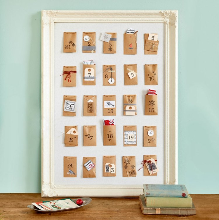 Vyrobte si papierové tašky a naaranžujte ich do vintage rámu adventný kalendár vyrobený z papierových tašiek baliaci papier rám vintage