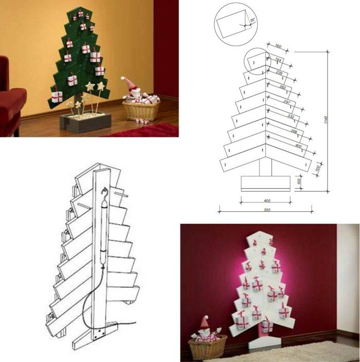 Stavba vianočného stromčeka Adventný kalendár Drevené dosky vílové svetlá